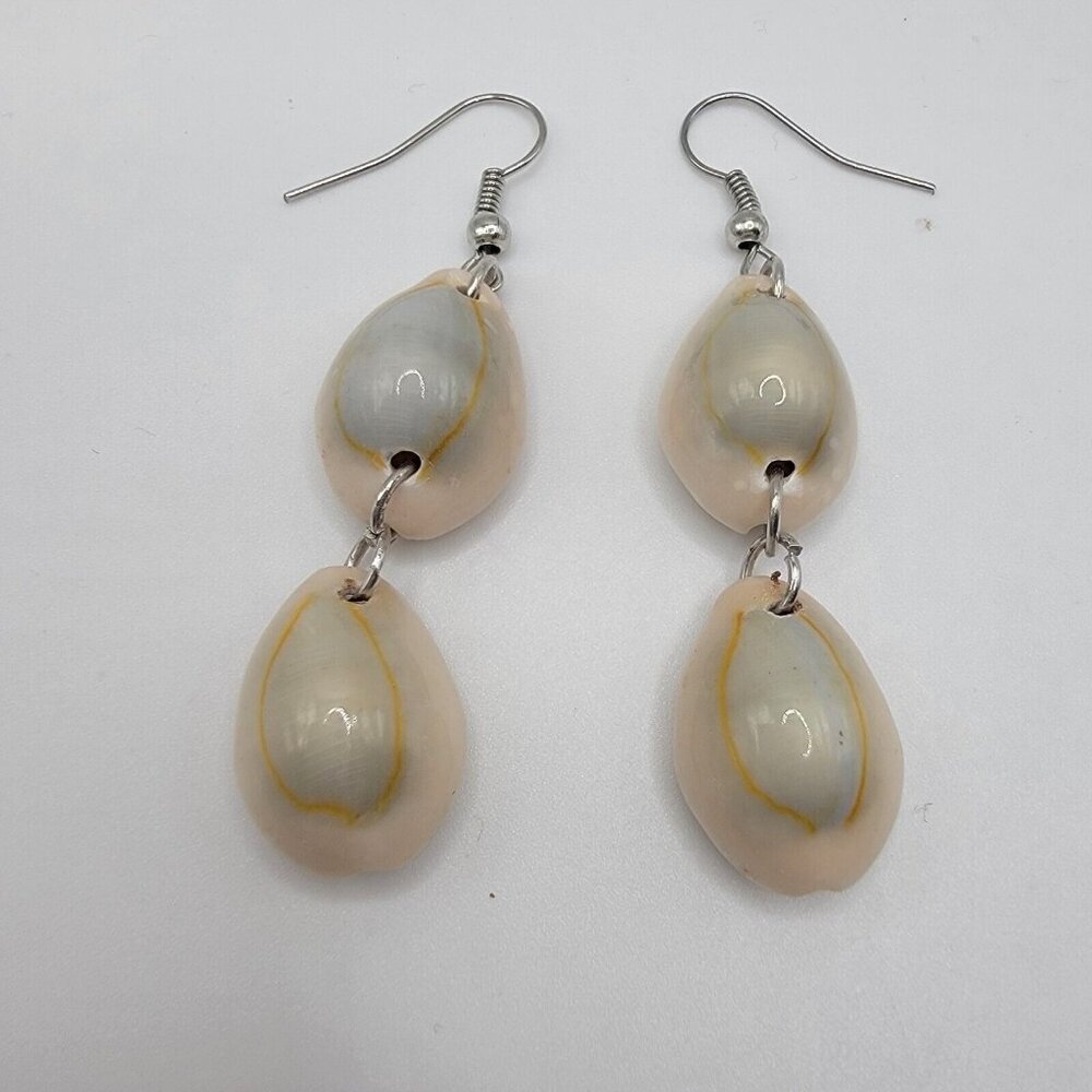 SEASHELL LEVER BACK DANGLE EARRINGS DOUBLE SEASHELL JEWELRY NEW‎